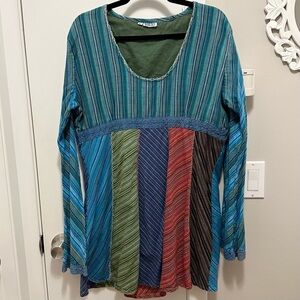 Blue Sky Cotton Patchwork Stripe Multicolor Tunic Top Womens XL boho festival